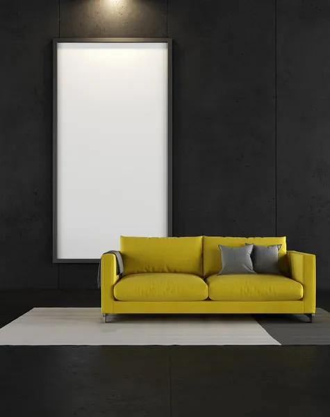 Schwarzes Zimmer mit gelbem Sofa — Stockfoto