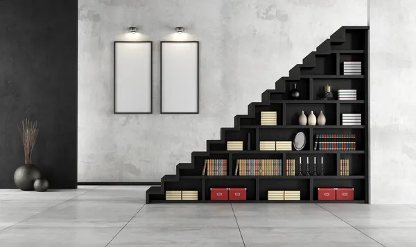 Salón con escalera de madera y librería —  Fotos de Stock