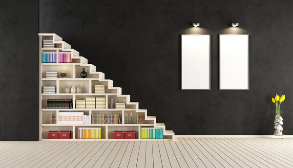 Modern black room with wooden staircase