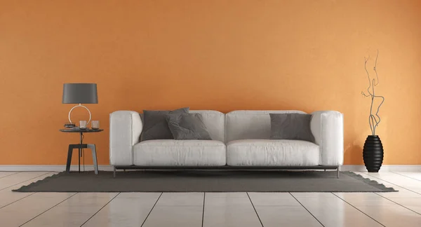 Wohnzimmer Mit Orangefarbener Wand Und Weißem Sofa Auf Schwarzem Teppich — Stockfoto