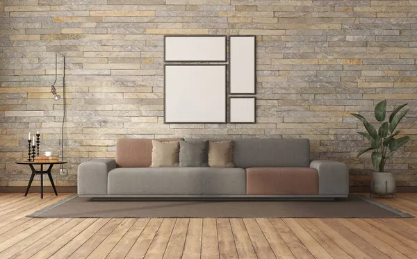 Soggiorno Moderno Con Divano Tavolino Lampada Parete Contro Muro Pietra — Foto Stock