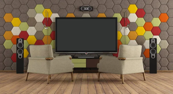 Modern Interior Home Cinema System Two Armchair Colorful Acoustic Panels — Stock Photo, Image