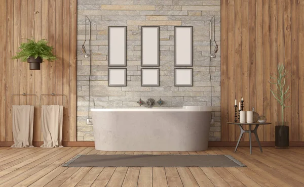 Elegantní Koupelna Vanou Proti Kamenné Zdi Boční Stůl Dřevěný Panel — Stock fotografie