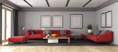 Kırmızı sofas.foot taburesi ve siyah halıda kahve masası olan gri oturma odası.