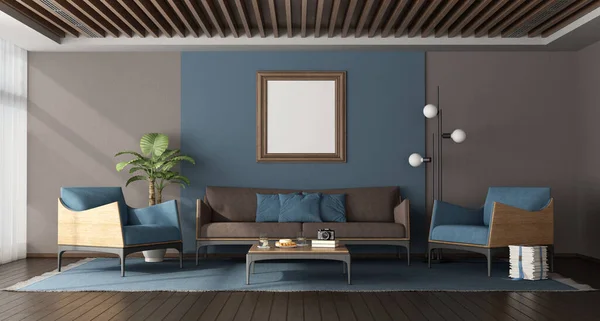Modrý Hnědý Moderní Obývací Pokoj Elegantní Pohovkou Křesly Dřevěným Stropem — Stock fotografie