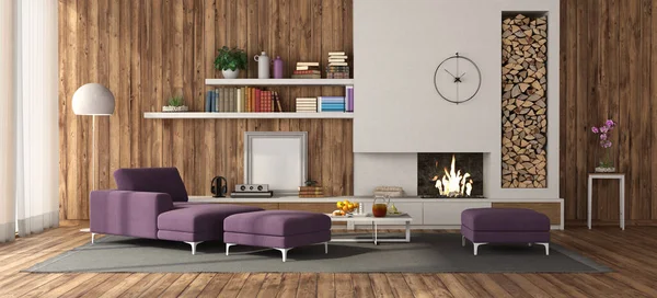 白い暖炉 紫のチェーズラウンジ 足台付きの木製の部屋 3Dレンダリング — ストック写真