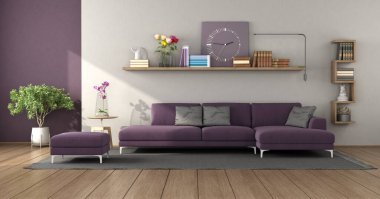 Modern living room with purple sofa and wooden shelves on wall - 3d rendering