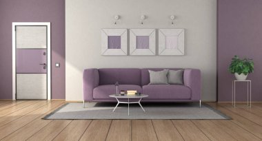 Modern living room with purple sofa on carpet and front door on backround - 3d rendering