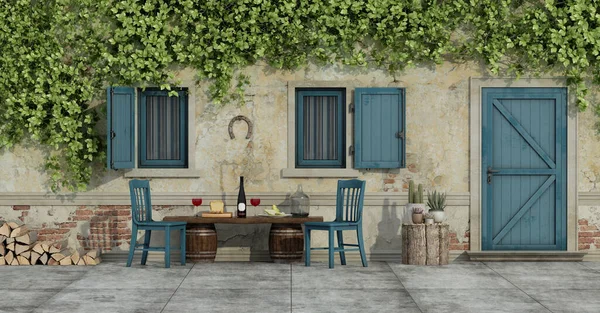 Courtyard Old Country House Chairs Food Wooden Bench Rendering — Stock Photo, Image