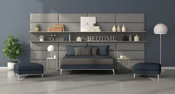 Blauw Grijs Moderne Slaapkamer Met Bed Voor Een Lederen Paneel — Stockfoto