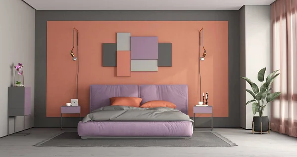 Colorful bedroom with modern double bed and decor frame on wall - 3d rendering