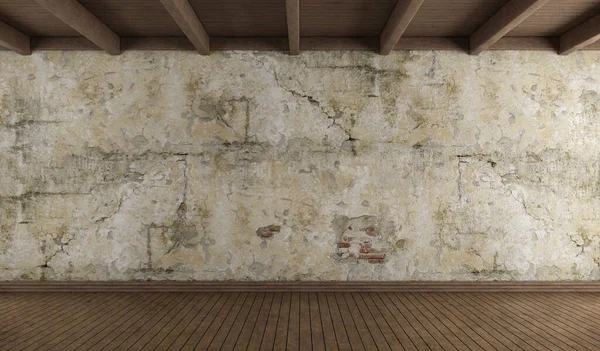 古い壁 堅木の床と木製の天井と空の部屋 3Dレンダリング — ストック写真