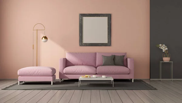 Minimalist Living Room Pink Sofa Footstool Blank Picture Frame Rendering — Zdjęcie stockowe