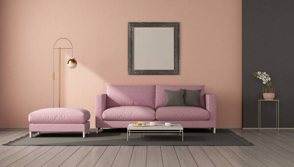 Minimalist living room with pink sofa,footstool and blank picture frame - 3d rendering