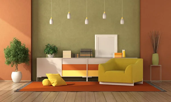 Colorful Living Room Yellow Armchair Carpet Sideboard Background Rendering — Fotografia de Stock