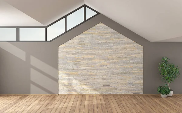 Großes Leeres Wohnzimmer Mit Steinmauer Satteldach Und Fenster Rendering — Stockfoto