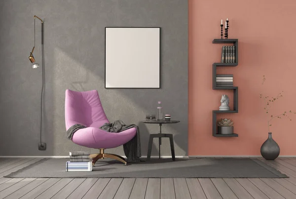 ピンクのアームチェア コーヒーテーブル 小さな本棚付きのリラクゼーションルーム 3Dレンダリング — ストック写真