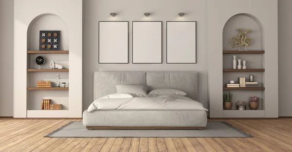 Verticale Poster Mockup Niche Met Planken Een Minimalistische Slaapkamer Rendering — Stockfoto