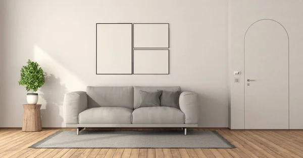 海报在一间只有灰色沙发和无框门窗的简约客厅里讽刺 3D渲染 — 图库照片