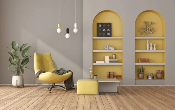 Yellow Gray Modern Living Room Armchair Two Niche Shelves Rendering — Stockfoto