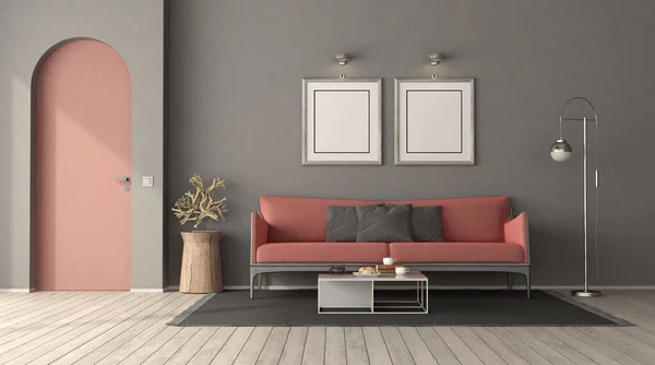 Pink Gray Living Room Sofa Coffee Table Floor Lamp Frameless — стоковое фото