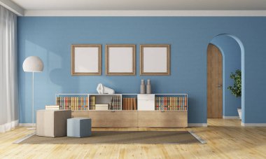 Arka planda ahşap kapılı kemerli ve büfe kapılı mavi ev girişi - 3D görüntüleme