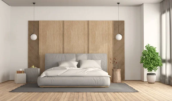 Dormitorio Minimalista Con Cama Doble Gris Contra Panel Madera Renderizado — Foto de Stock