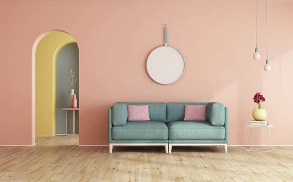 Minimalista Sala Estar Interior Com Sofá Com Arco Nicho Fundo — Fotografia de Stock