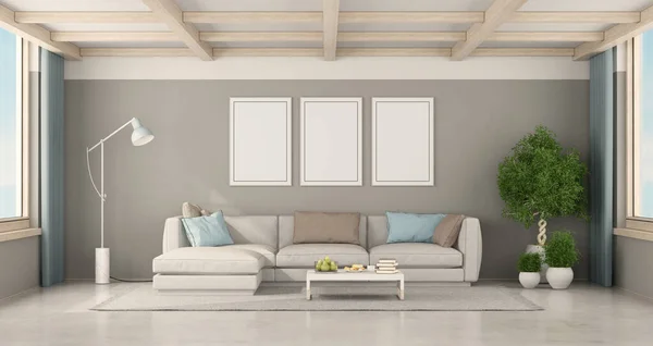 Poster mockup in a minimalist living room with modern sofa and wooden roof beams - 3d rendering