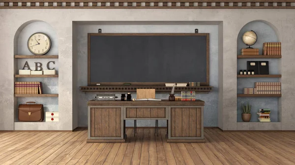 Empty Retro Classroom Blackboard Teacher Desk Two Niches School Objects — Stock Photo, Image