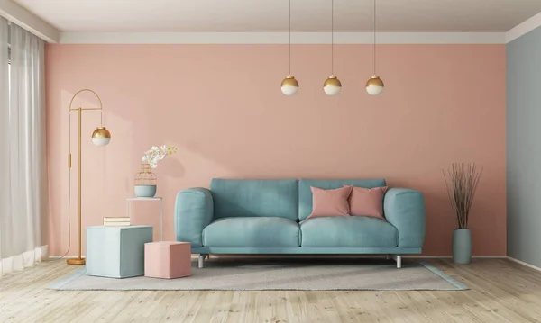 Soggiorno Minimalista Interno Con Divano Parete Colori Pastello Vuota Rendering — Foto Stock