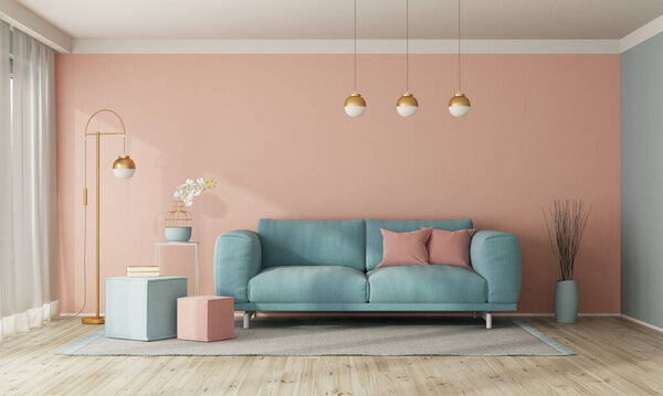 Minimalist living room interior with sofa on empty pastel color wall - 3d rendering
