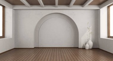 Empty white room with arch wall,hardwood floor and wooden ceiling - 3d rendering