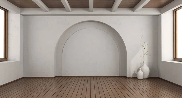 Empty White Room Arch Wall Hardwood Floor Wooden Ceiling Rendering — Photo