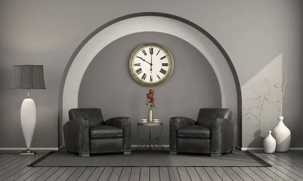 Klassieke Stijl Interieur Met Boog Muur Zwart Lederen Fauteuil Houten — Stockfoto