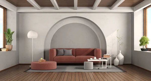 Modern sofa in a living room with old walls and archway in the background - 3d rendering
