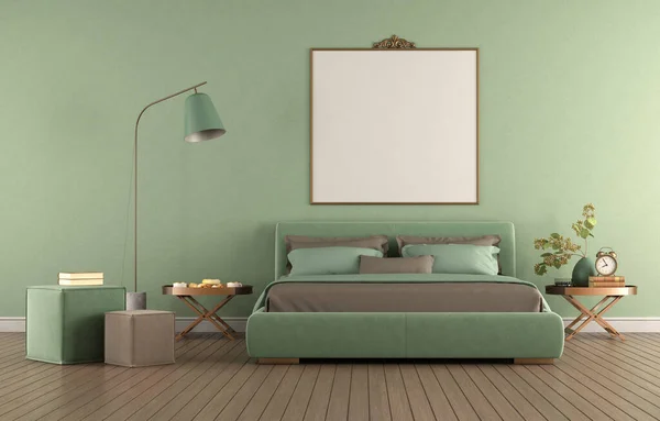 Green Elegant Bedroom Double Bed Hardwood Floor Rendering — Stockfoto