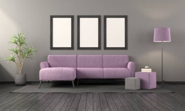 Black living room with purple sofa ,floor lamp and coffee table - 3d rendering