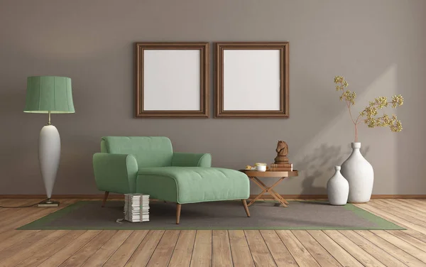 Modern Living Room Green Chaise Lounge Brown Wall Hardwood Floor — 스톡 사진