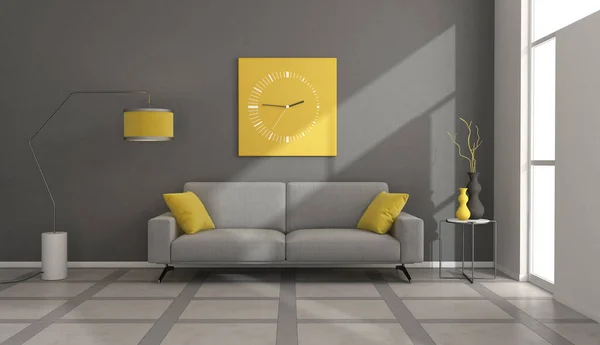 Modern Living Room Gray Sofa Floor Lamp Clock Rendering — Stock Fotó