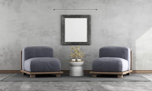 Poster mockup in in a minimalist room with purple wooden armchairs - 3d rendering