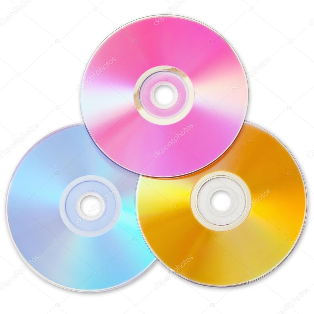 Three colored CD isolated on white background with shadow