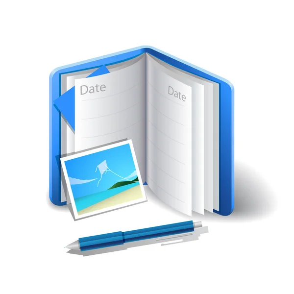 Blue diary, Note, Picture and Pen icons with White Background