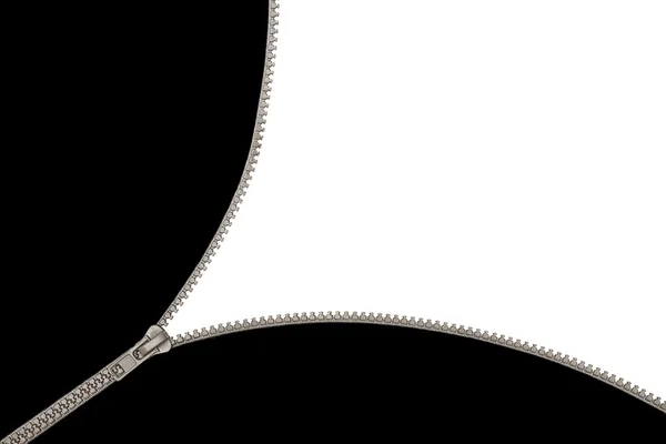 Offener grauer Reißverschluss auf schwarz-weißem Hintergrund — Stockfoto
