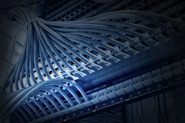 Patch panel of the 6th category closeup, blue tone — Stock Photo, Image