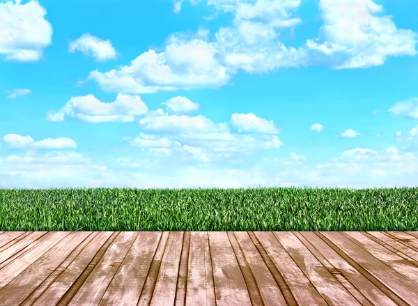 Houten vloer planken die verder gaan op het veld met gras — Stockfoto