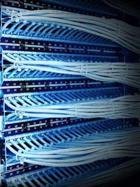 Kabin 6 kategori, mavi tonu patch panel ve kontrol,