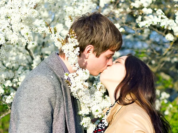 一对年轻夫妇亲吻的春季户外肖像 — 图库照片