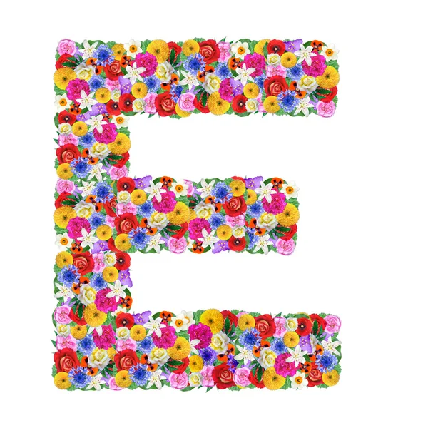 E, bokstaven i alfabetet på olika blommor — Stockfoto