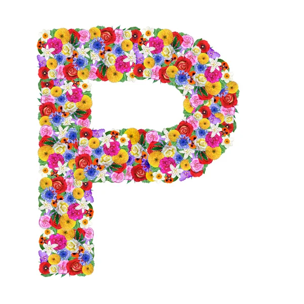P, γράμμα του αλφαβήτου σε διαφορετικά λουλούδια — Φωτογραφία Αρχείου